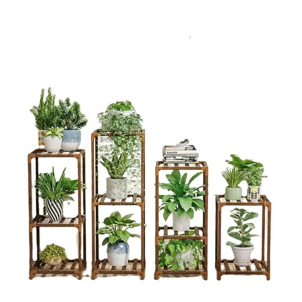 Random combination flexible cube structure stable support Easy to assemble Bamboo 4 Sets of Plant Stand Indoor and outdoor