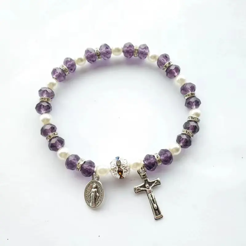 Cuentas de cristal multicolor Rosario católico Cruz cristiana pulsera cristal