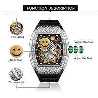 Montre automatique pour homme I&W, boîtier rectangulaire, cadran avec visage souriant, lunette sertie de diamants, noire, montre mécanique de luxe