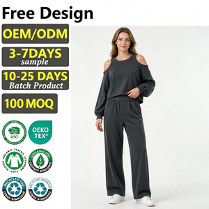LEDUO Custom <b>Women</b> Set Long Sleeve Cropped Top Elastic Waist Wide Leg <b>Trousers</b> Ladies Casual Clothes - Product Image 1