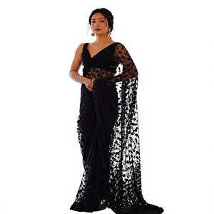 Sari en soie noir brodé avec dupatta en dentelle, longueur au sol, style indien pakistanais élégant, tenue de mariage pour femmes - Product Image 1