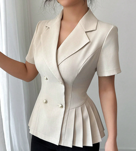 Manteau de costume <span class=keywords><strong>d</strong></span>écontracté ajusté pour femme, beige, à revers crantés, double boutonnage, manches courtes, style péplum, idéal pour le bureau - Product Image 4