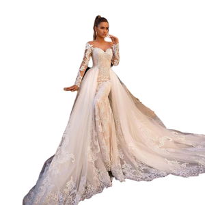 European American V-neck <b>Plus</b> <b>Size</b> Natural Ball Gown Modern Floor-Length Cathedral Train Sexy <b>Long</b> <b>Sleeved</b> Lace <b>Wedding</b> <b>Dress</b> - Product Image 1