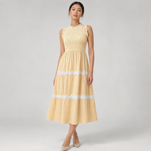 Vestido Midi Personalizado OEM/ODM para Mujer, Sin Mangas, con Cuello con Volantes, Adorno de Encaje a Rayas y Falda Escalonada, para Compradores de Marcas de Resorts de Verano - Product Image 1