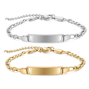 Logo personalizzato inciso nome in acciaio inox Figaro catena oro colore <span class=keywords><strong>argento</strong></span> bracciali barra vuota regolabile per bambini e bambine - Product Image 1