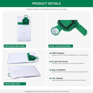 Sacchetti per <span class=keywords><strong>aspirapolvere</strong></span> elettrici riutilizzabili personalizzati OEM/ODM Vorwerk <span class=keywords><strong>Folletto</strong></span> Kobold VK140/FP140 - Product Image 2
