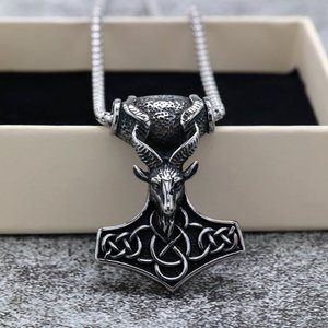 Yunnique – collier avec pendentif en acier inoxydable pour hommes, avec tête de chèvre, design marteau de Thor, pour cadeau, assorti aux vêtements - Product Image 2