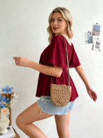Atasan Berongga Sederhana Kasual Kemeja Lengan Pendek Berlubang Produk Rajutan Kerah V Atasan untuk Wanita Kaus Wanita Ootd