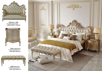 Lit de Luxe Français en Cuir Véritable Sculpté Or, Cadre en Bois Massif avec Sommier à Lattes Silencieuses, Ensemble de Chambre Parentale Style Cour