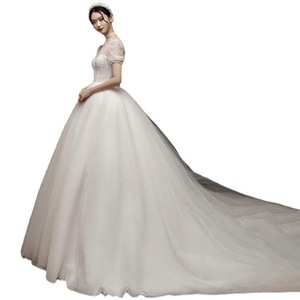Lace Wedding Dress V-Neck Short Sleeve Princess Waistline Vintage Style for Women - Product Image 5