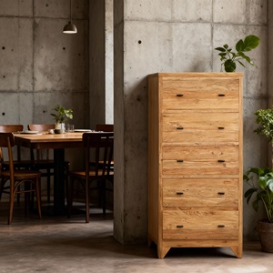 Commode en teck ancien avec 5 tiroirs faits à la main et pieds effilés, commode en bois récupéré à texture vieillie pour chambre à coucher - Product Image 4