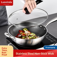 Wok en acier inoxydable 410 antiadhésif épaissi avec revêtement en pierre Maifan, couvercle en verre, compatible tous feux, vente directe usine