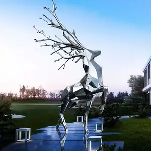 Estátua de jardim ao ar livre, grande, tamanho de vida de metal, escultura de cervos em aço inoxidável