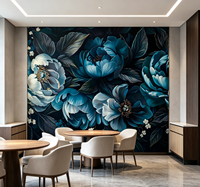 Papier peint mural à fleurs de pivoine bleu sarcelle sur fond foncé pour salle à manger, salon de beauté et salon