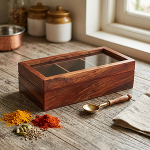 Handmade <b>Wooden</b> <b>Tea</b> <b>Box</b> Organizer with Glass Lid | 3 Compartment Sheesham Rosewood Storage <b>Box</b> for <b>Tea</b> Bags Spices Coffee - Product Image 4