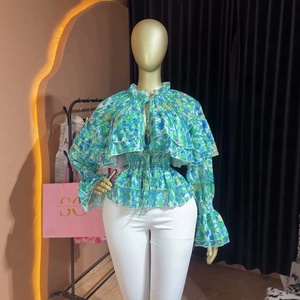 Nuova Collezione Autunno 2026: <span class=keywords><strong>Blusa</strong></span> Plissettata da <span class=keywords><strong>Donna</strong></span> Stile Europeo-Americano, Senza Colletto, con Stampa e Lacci, Design Fresco e Dolce - Product Image 4