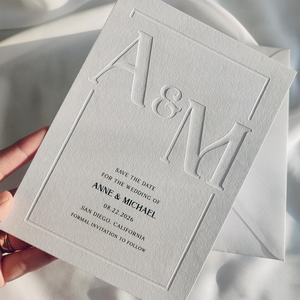 Invito Matrimoniale Minimalista con Iniziali in Rilievo, 'Save the Date', su Carta di Cotone Bianca o Avorio 250-600gsm, Inviti Eleganti - Product Image 5