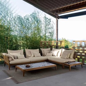 Canapé modulaire d'extérieur sur mesure, structure en teck massif, ensemble de salon de jardin en corde tressée à la main, résistant aux intempéries pour la cour. - Product Image 1