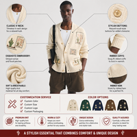 Cardigan en tricot 100 % coton pour homme FNJIA, col en V, broderie florale cactus, manches longues, coupe ample