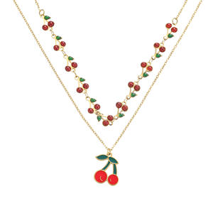 可爱樱桃吊坠项链时尚不锈钢双层链批发N2011162 - Product Image 6