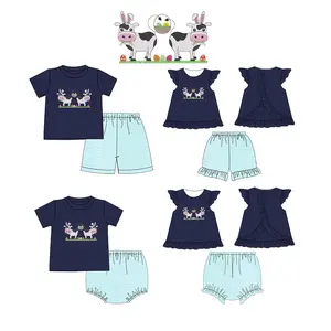 Puresun projetos personalizados primavera crianças boutique roupas Páscoa férias crianças roupas bebê menina roupas com ovos de vaca bordado