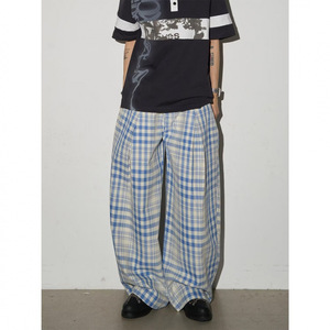 Blue Plaid Wide Leg Casual Pants <b>Loose</b> Fit Pleated <b>Trousers</b> <b>for</b> <b>Men</b> - Product Image 1