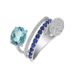 高品质奢华时尚新款上市设计双带18k白金天然蓝钻蓝宝石戒指
