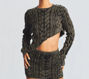 Maßgeschneiderte Strickwaren-Herstellung Acid-Wash-Set Rundhals Damen Zopfmuster Gestricktes 2-Teiliges Crop-Top und Rock Mädchen Strickpullover für Frauen - Product Image 1