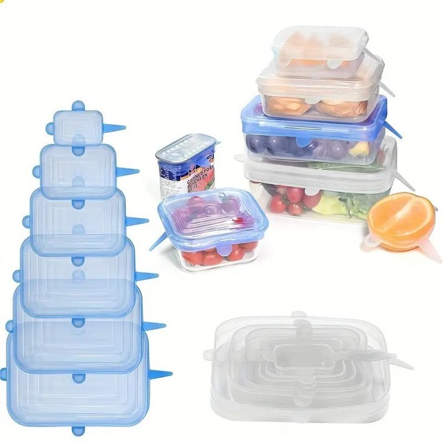 Reusable Silicone Food Covers Bowl Lids, 6 Different Stretchable Food Grade Covers for Rectangle Bowls, Plates & Containers