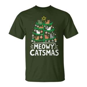 Camiseta Meowy Catmas con diseño de árbol de Navidad y gato de Santa Claus - Product Image 1