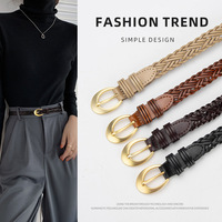 Mode dame alliage boucle ardillon femmes en cuir véritable tressé ceinture pas de trous maigre ceinture tissée pour robe