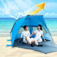 Zomerpop strandtent UPF50+ UV-bescherming Dubbellaags glasvezelpalen Eenvoudige opzet Zandzakken voor 3-4 personen Blauw