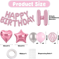 Ensemble de ballons roses Joyeux Anniversaire, ballons en feuille en forme de cœur et d'étoile pour décorations de fête d'anniversaire pour filles