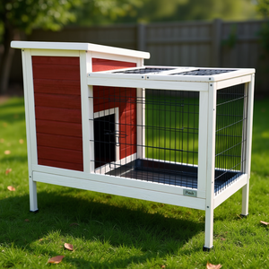 Cage à lapins à deux étages en bois rouge pour intérieur/extérieur, avec couloir et plateau anti-fuite - Product Image 2