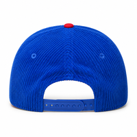 Casquette 5 panneaux non structurée en velours côtelé bleu avec bord rouge contrastant, logo brodé personnalisé, pour les vendeurs de marchés aux puces