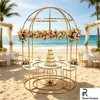 Arche de mariage de luxe en acier inoxydable doré avec table à gâteau incurvée, structure métallique pour événements de mariage, fêtes et décoration d'hôtels