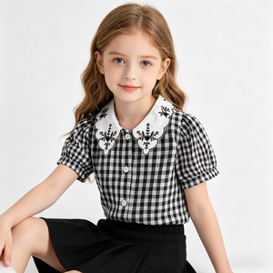 Camisa <span class=keywords><strong>Polo</strong></span> Infantil para <span class=keywords><strong>Niña</strong></span>, Estilo Vintage Dulce de Verano, con Botones al Frente, Cuello Peter Pan, Cuadros Blancos y Negros - Product Image 1