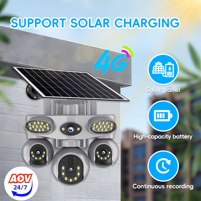 16000mAh 4 Lens Outdoor IP Camera Solar CCTV 4G Sim Card Security Camera Waterproof Human Detection