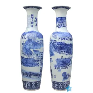 Vase debout en céramique de paysage de Mingqing bleu et blanc de 180cm, peinture à la main de maison de plancher chinois, grand pour la décoration d'hôtel de bureau
