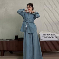 R-840 Élégante Abaya musulmane modeste en polyester, ensemble jupe évasée ample à manches longues et boutonnage simple – Décontracté Hiver Femme Adulte
