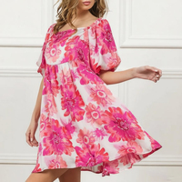 Robe d'été décontractée rose à fleurs pour femme, col carré, manches bouffantes, coupe trapèze légère et fluide, style bohème, direct usine