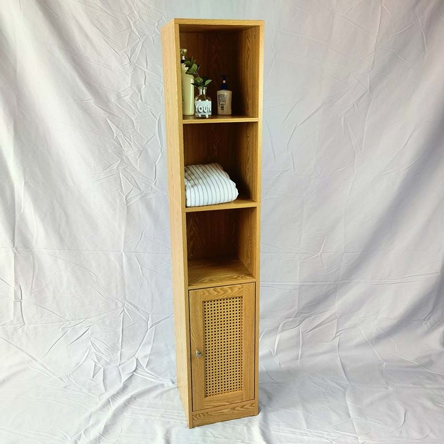 61'' Tall Bathroom Storage Cabinet Wooden Slim Tower Linen Cabinet with Rattan Door 5-tier Corner Floor Cabinet for Living Room