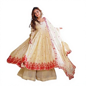 Cream Anarkali Suit Embroidered <b>Indian</b> Pakistani <b>Top</b> Long Sleeve Lehenga Set With Dupatta for Wedding Party - Product Image 1