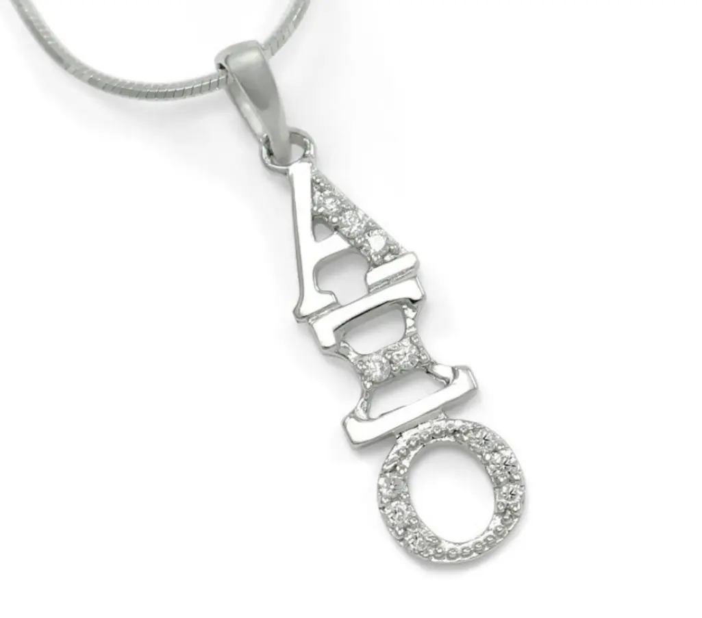 Collana con ciondolo Alpha Omicron Pi con lettera greca personalizzata artigli con zirconi bianchi che si stabilizzano gioielli con collane della confraternita della Sorority