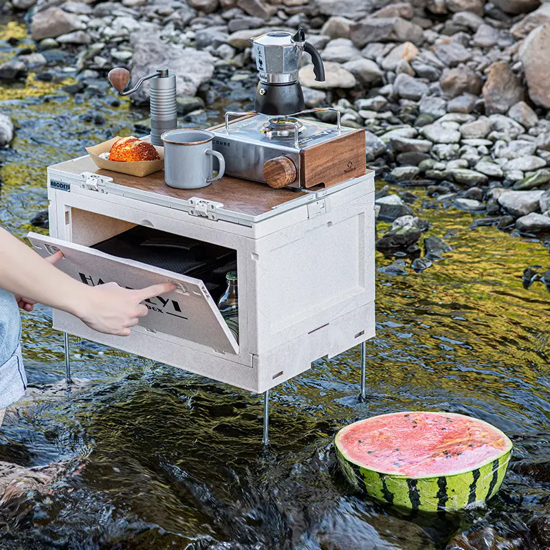 Vente en gros nouvelle boîte de camping moderne grande boîte de rangement organisateur de jouets pour la maison avec table de support de barre à roues