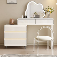 Coiffeuse moderne minimaliste blanche laquée avec miroir LED en forme de nuage et chaise en acrylique – Ensemble de coiffeuse pour chambre à coucher