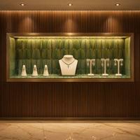 Vitrine murale encastrée pour bijoux, cadre en or brossé, intérieur à motifs verts, pour les détaillants de bijoux haut de gamme