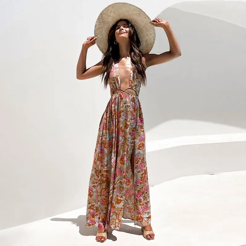 Vestido personalizado con cuello en V floral y reliquia barroca, vestido con cuello Halter y manga corta, vestido largo bohemio con abertura para la playa para mujer