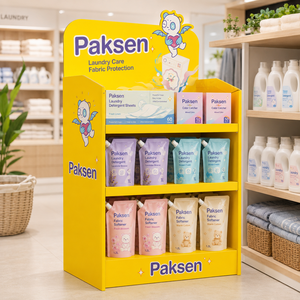 Support portable multi-niveaux en carton ondulé pour produits de blanchisserie, graphismes vifs personnalisés, installation facile pour supermarchés - Product Image 1