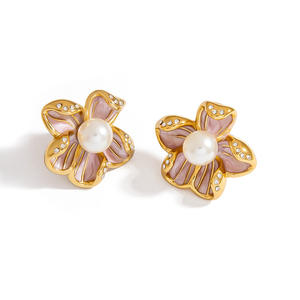 Pendientes florales con perlas y engaste de titanio para mujer, joyería de moda - Product Image 5